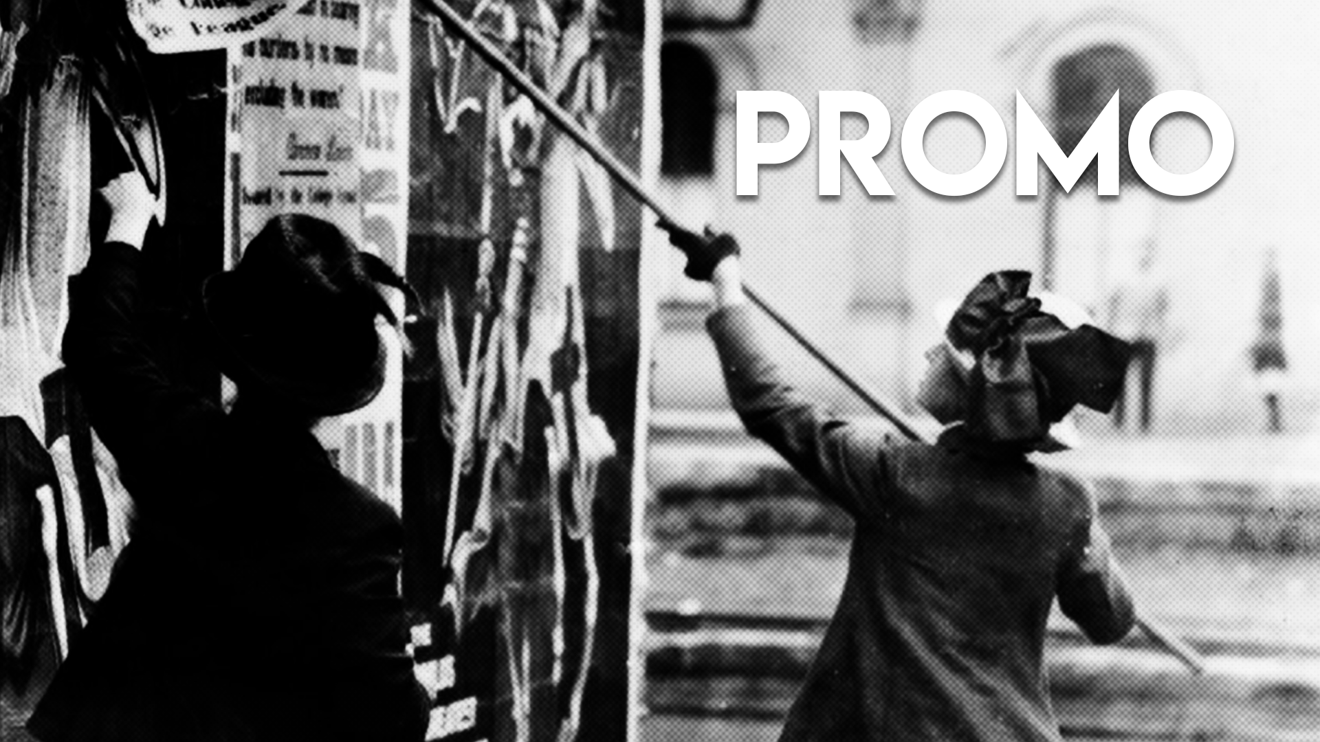 Old timey picture of people wheatpasting large posters, with title "PROMO"